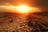 Aftermath of an end of a global warming, parched earth with the city in the background, sunset. Generative AI