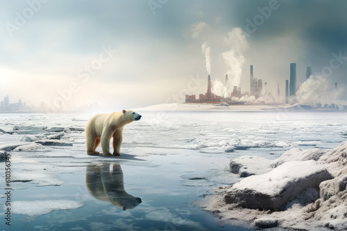 Aftermath of an end of a global warming, polar bear on ice in the water surrounding the city in the background. Generative AI