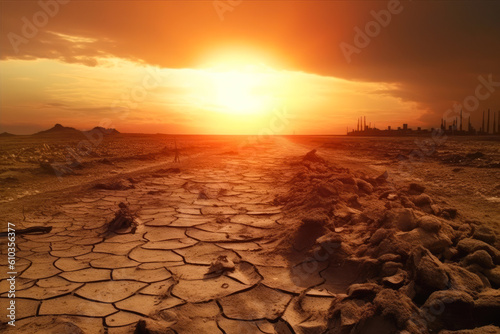 Aftermath of an end of a global warming  parched earth with the city in the background  sunset. Generative AI