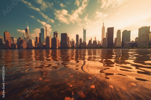 The city of New York flooded with only the tops of a buildings and skyscrapers looking out. Generative AI.