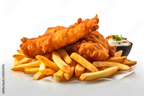 Classic British fish and chips  isolated on white background