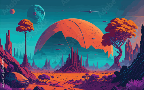 complex vector-style background image depicting an alien planet, with bizarre landscapes, unique flora and fauna, and futuristic structures, portraying a sense of otherworldly beauty and mystery.