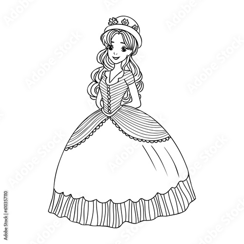 Cute cartoon girl dressed ball dress and tiara outline for coloring on a white background