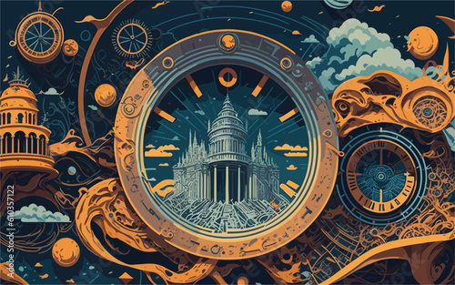 vector-style background image that represents the concept of time travel, incorporating elements like swirling wormholes, floating clocks, and historical landmarks from different eras, all blending
