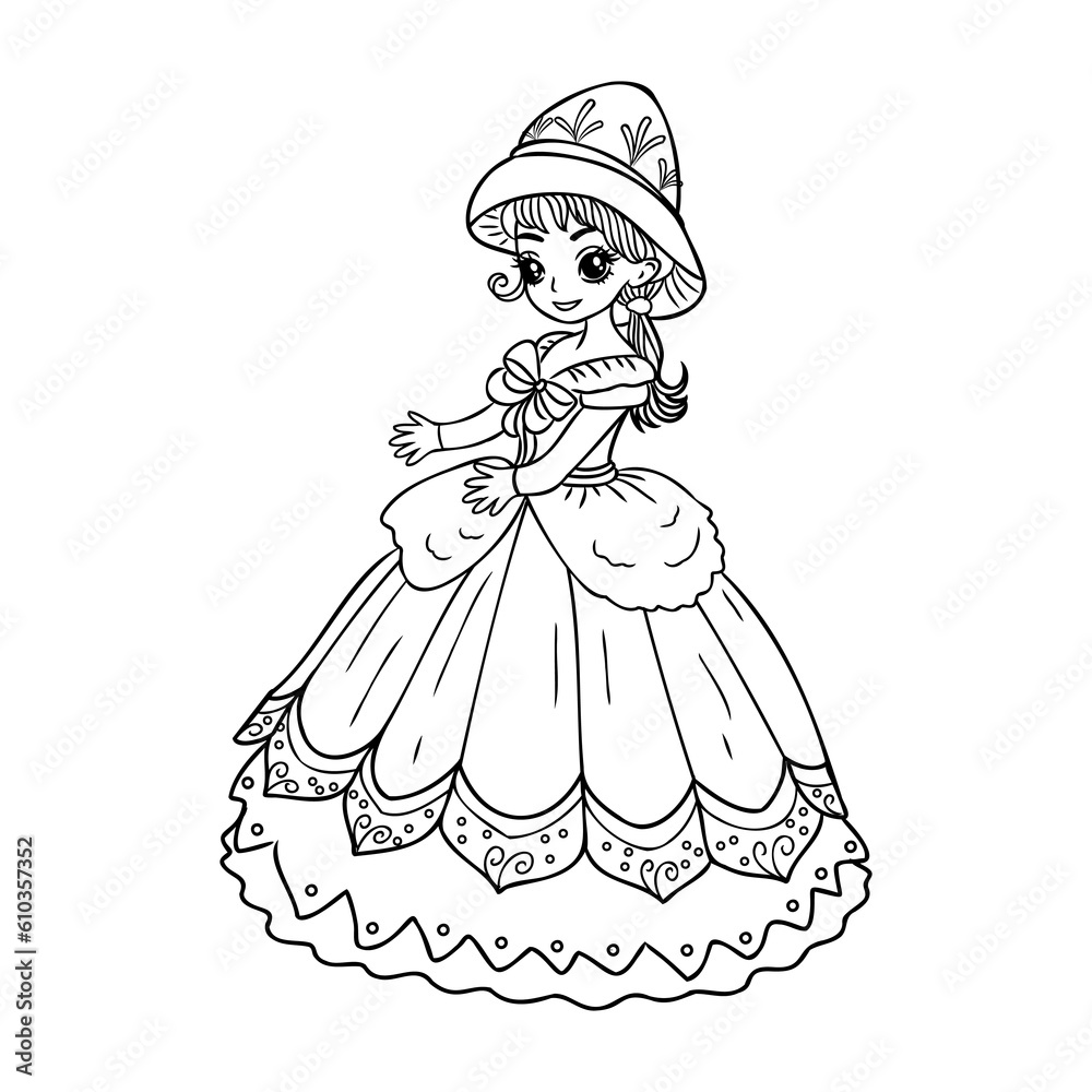 Fototapeta premium Cute cartoon girl dressed ball dress and tiara outline for coloring on a white background