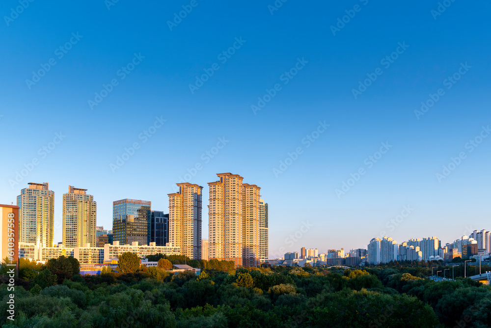 Aerial view of yeouido Hangang park in autumn season with skyscrapers and  modern buildings cityscape, Seoul city, Republic of Korea