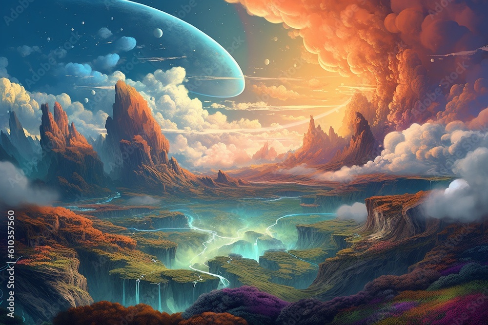 Fantastical Planet with Swirling Clouds and Colorful Landscape Created with Generative AI