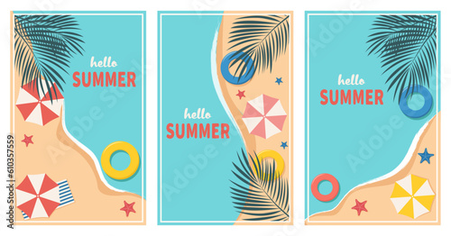 Vector set of summer backrounds with palm leaves, starfish, beach, umbrella. Vertical summer poster template.Vector illustration