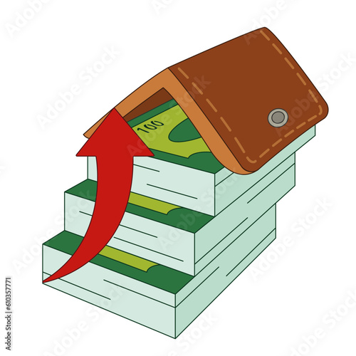 A stack of green banknotes arranged in steps, a wallet in the form of a roof and a red up arrow/Real estate investment