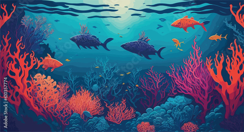 vector style background image that captures the essence of underwater life  combining intricate coral reefs  vibrant marine creatures  and shimmering rays of light filtering through the ocean depths.