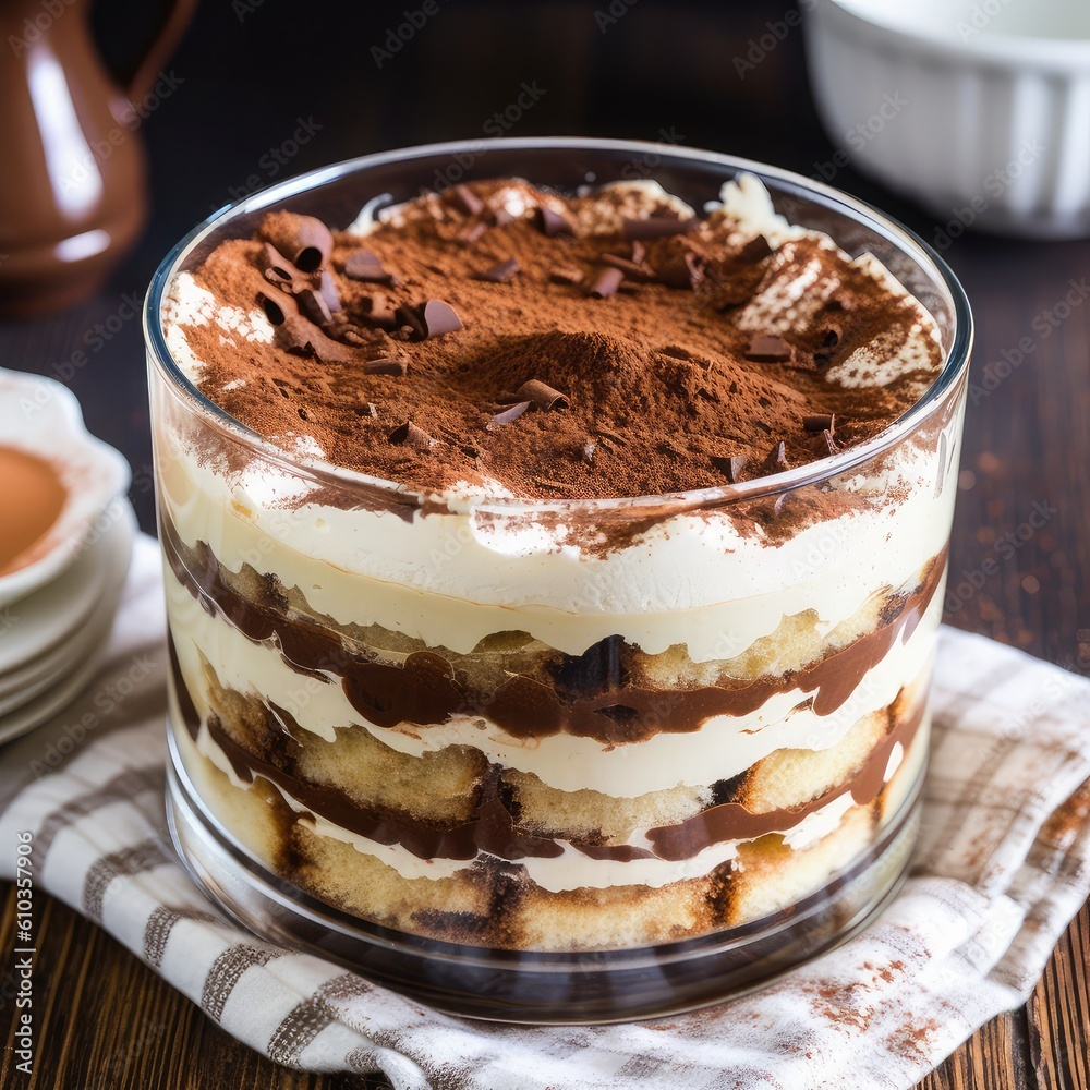 Tiramisu, An Italian delight made with layers of coffee-soaked ladyfingers, mascarpone cheese, and dusted with cocoa powder. Tiramisu, An Italian delight made with layers of coffee-soaked ladyfingers, mascarpone cheese, and dusted with cocoa powder.