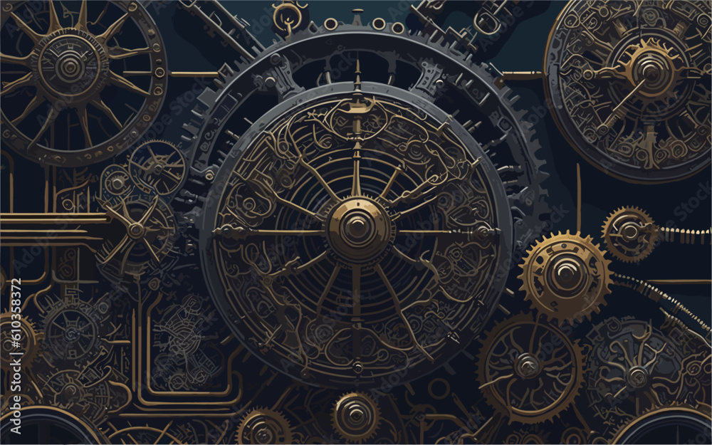 a vector background image that portrays a steampunk-inspired world, with intricate gears, cogs, and mechanical contraptions intertwined with Victorian-era architecture and industrial elements.