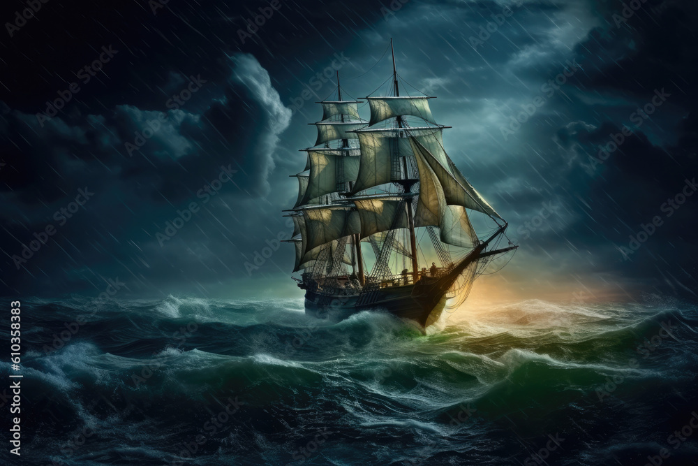Old sailing ship battle on the stormy sea at night with dark background, rainy weather. Generative AI