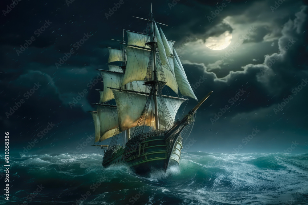 Old sailing ship battle on the stormy sea at night with dark background ...