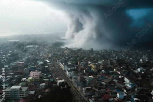 Typhoon effect endangering a big city with tsunami and other natural disasters, deadly dangerous, catastrophe. Generative AI