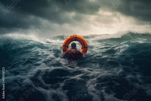 Man in a lifebuoy swimming towards stormy ocean, very dangerous, swimming toward safety. Generative AI