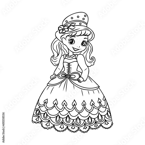 Cute cartoon girl dressed ball dress and tiara outline for coloring on a white background