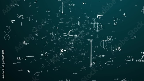 Math and physics formulae pass through the screen and fall away. Animation of maths equations. Fast movement of plexus formulas. Science, technology Genetics biology, biotechnology, chemistry, science
