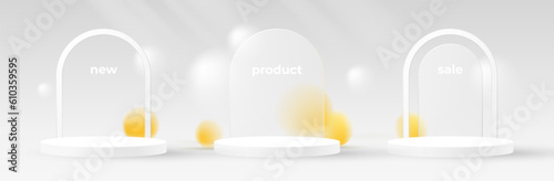 Set of realistic 3d round stand product podium scene on soft background with arch shape and sphere balls. Minimal wall scene mockup product display. Glass morphism style vector illustration