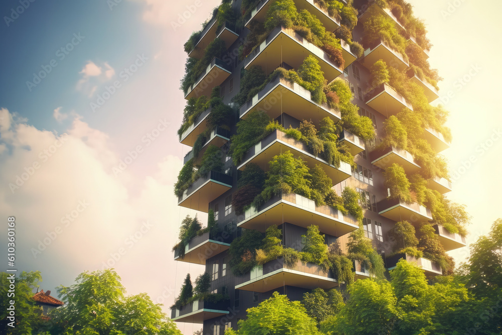 Green futuristic skyscraper, vertical forest apartment building with gardens on balconies. Modern sustainable architecture. Ai generative