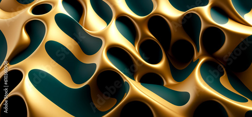Abstract wavy gold and black surface, glossy reflective material. Generative AI