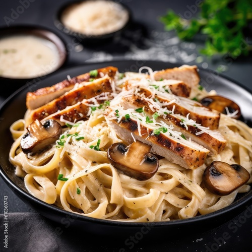 Healthier Creamy Chicken and Mushroom Fettuccine Alfredo with whole wheat pasta and fresh parsley. photo