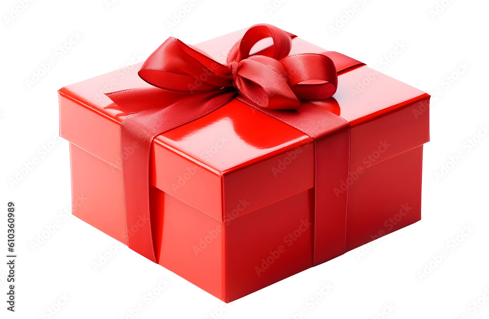 Red gift box with ribbon isolated on transparent background. Top view. PNG format