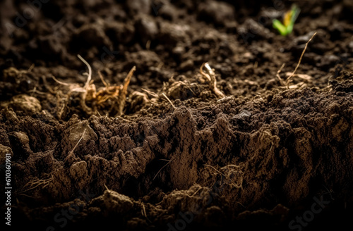Compost dirt soil agricultural wallpaper, dirt texture in the style of national geographic. Generative Ai.