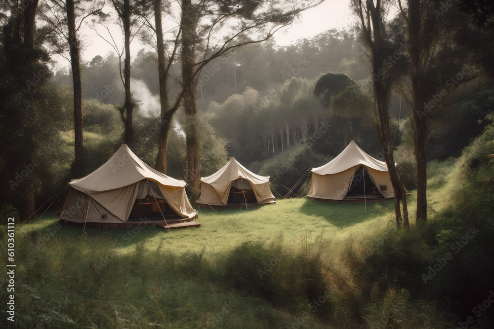 vacation camping nature canvas tent light forest luxury travel glamping. Generative AI.