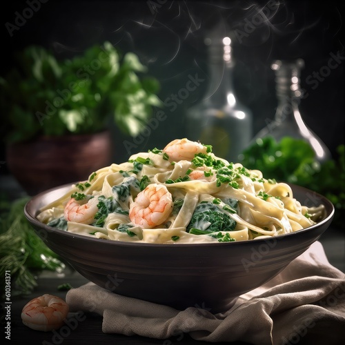 Fettuccine creamy cheese with topping parmesan cheese, shrimp and parsley leaves flakes. photo