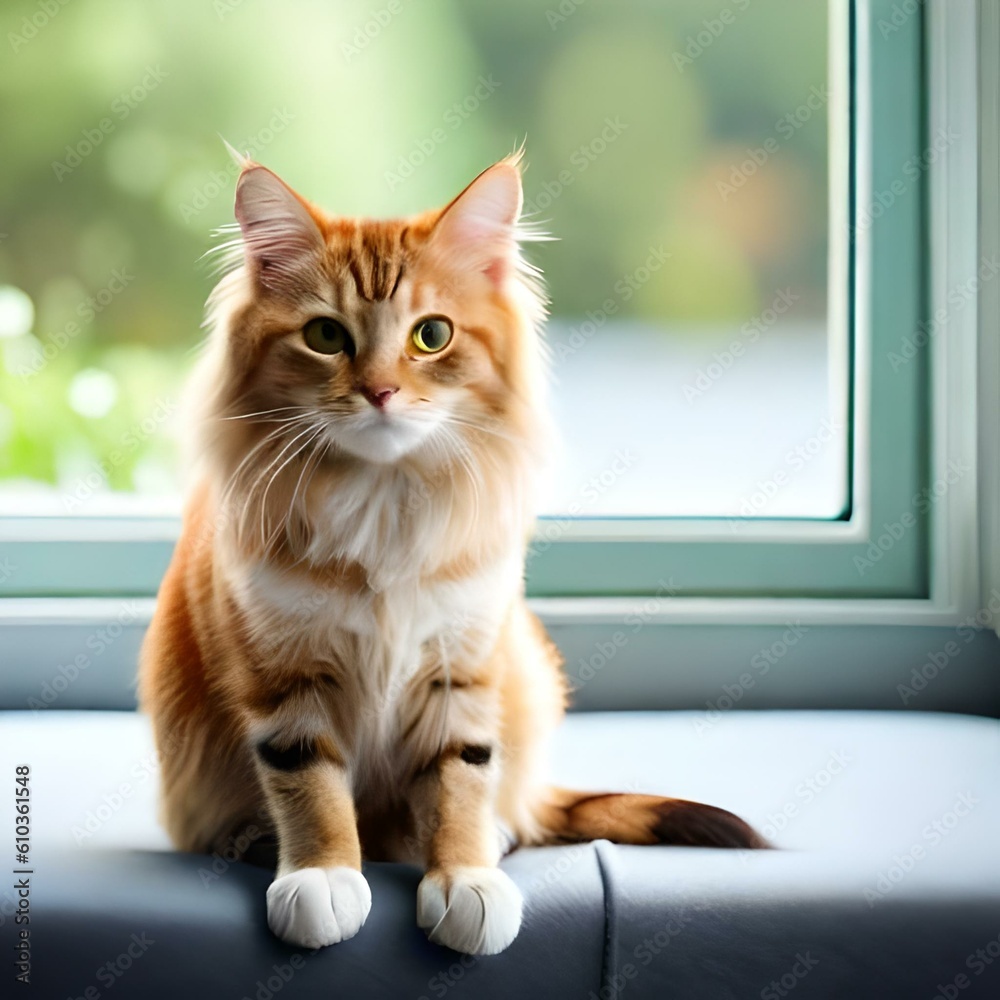 An orange fluffy cat sitting on a couch with a window in background, relaxing indoor mood.