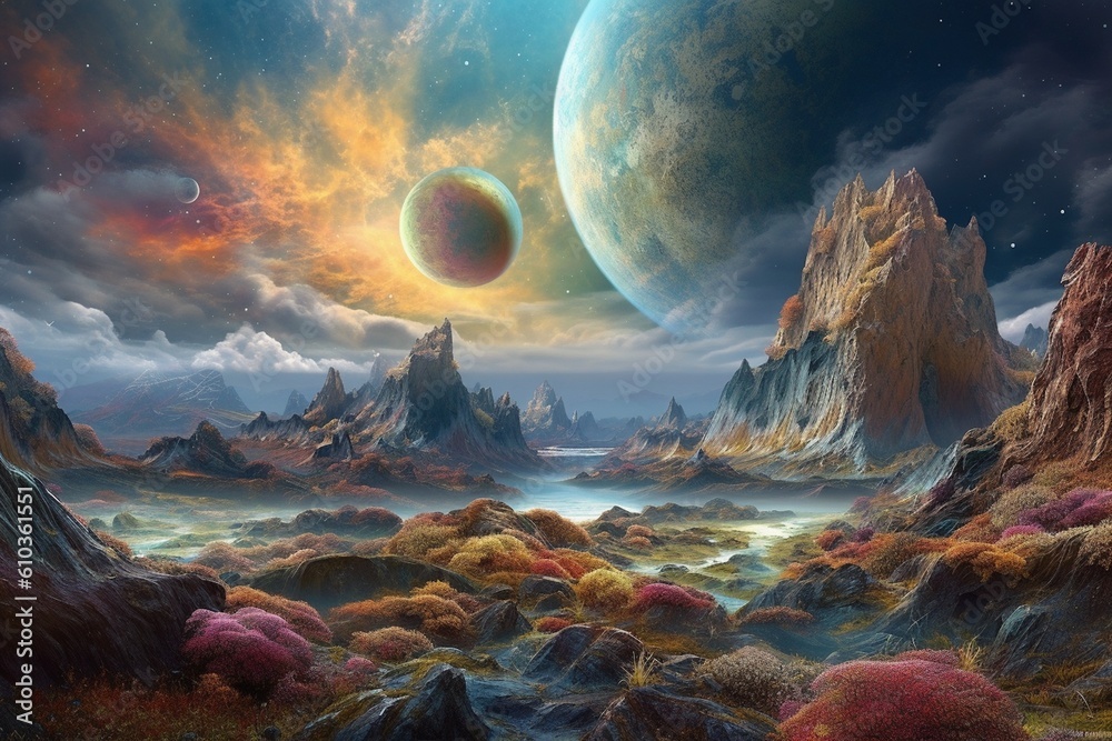 Fantastical Planet with Swirling Clouds and Colorful Landscape Created with Generative AI