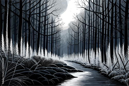 A captivating vector illustration captures the ethereal charm of a sketch depicting a river forest, with graceful lines and delicate details showcasing the enchanting interplay of sunlight, trees, and