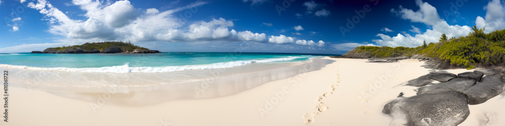 Stunning beachscape boasting pristine white sands, crystal-clear turquoise waters, and radiant sunshine under a vivid azure sky - evoking serene emotions. Generative AI