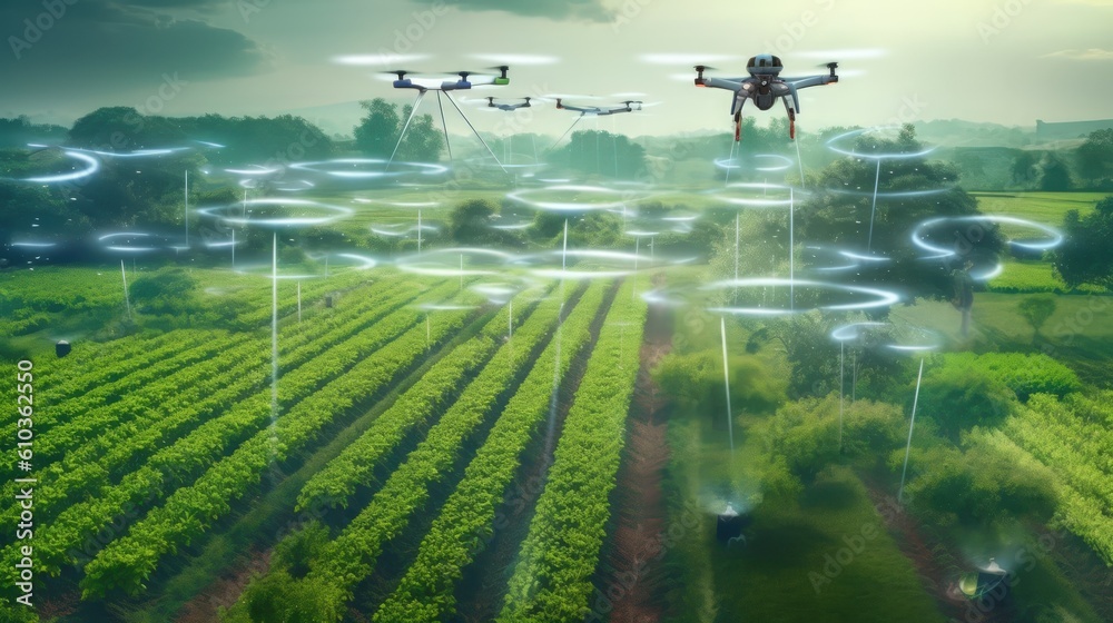 Drone flies over agricultural fields by Generative AI Drone flies over agricultural fields by Generative AI
