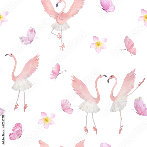 Watercolor seamless pattern with kids ballet and butterflies. Hand drawn illustration on white background