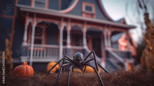 Spider and pumpkins halloween decorations stand next to the house in autumn Generative AI