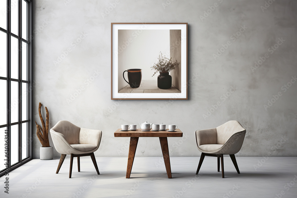 A table in front of a wall with a frame on it. Minimalistic interior design composition. Generative AI A table in front of a wall with a frame on it. Minimalistic interior design composition. Generative AI