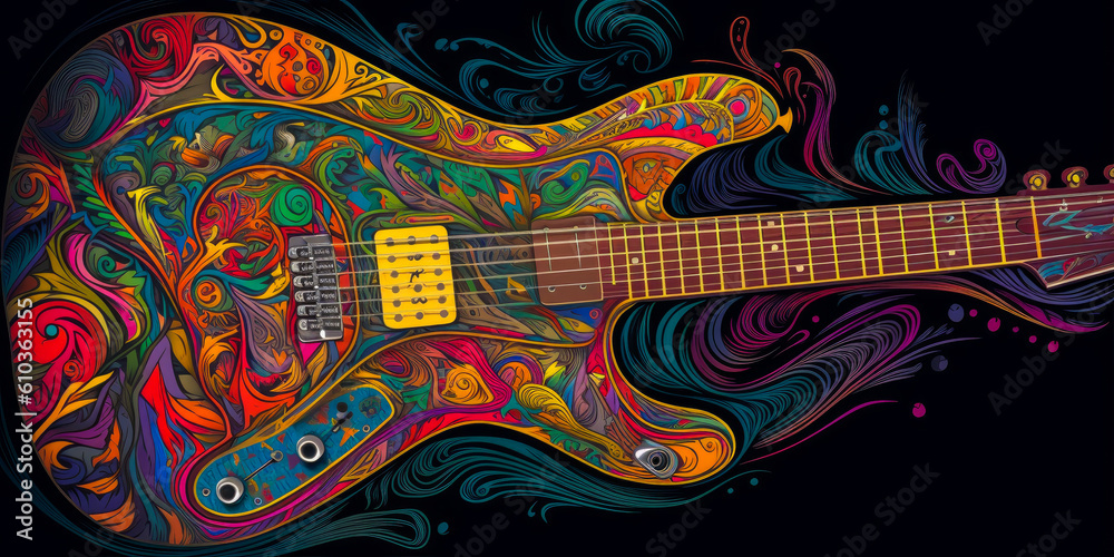 Captivating, emotion-stirring illustration of a psychedelic multicolored guitar with swirling patterns, reflecting the innovative sounds and genre-blending of the 70s music era. Generative AI