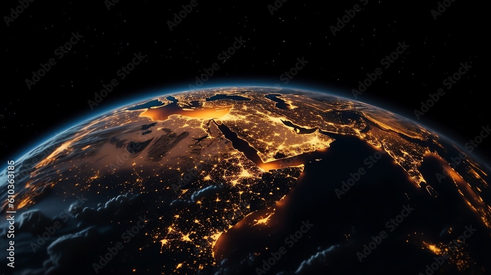 Planet earth photo at night background, illustration for product presentation template, copy space. Ai generative