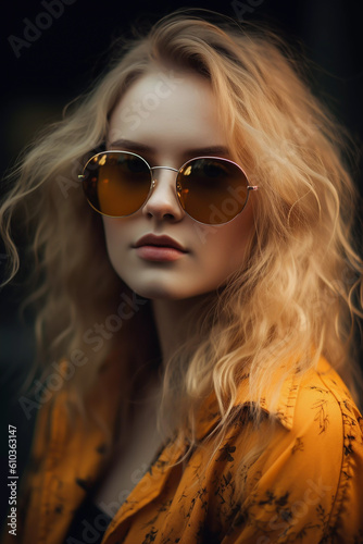 National sunglasses day attractive young blonde woman wearing sunglasses and a yellow jacket generative AI illustration