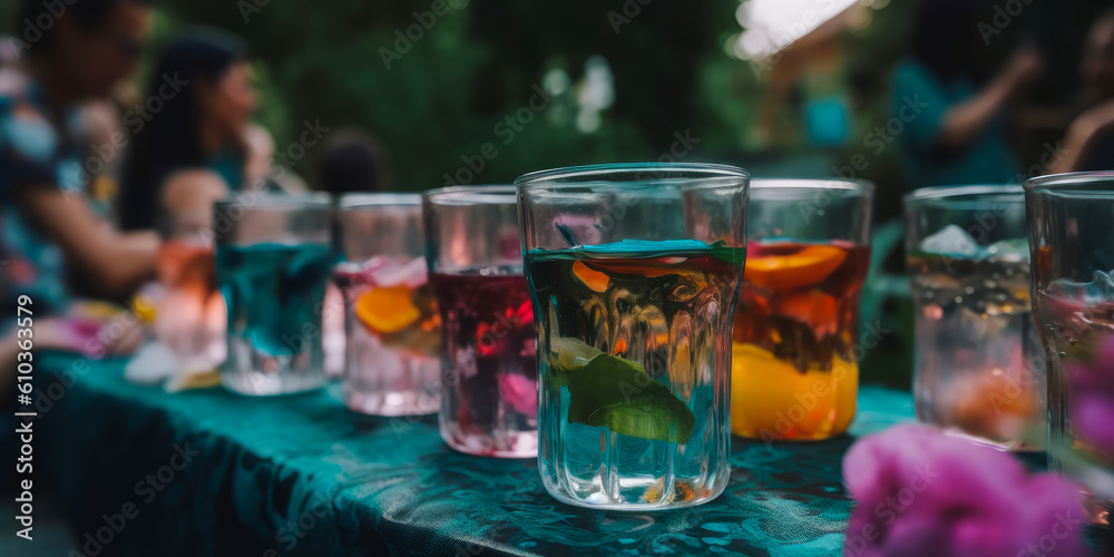 Captivating outdoor garden party scene with vibrant cocktail glasses and colorful alcohol patterns, creating an emotionally charged ambiance to elevate any design. Generative AI