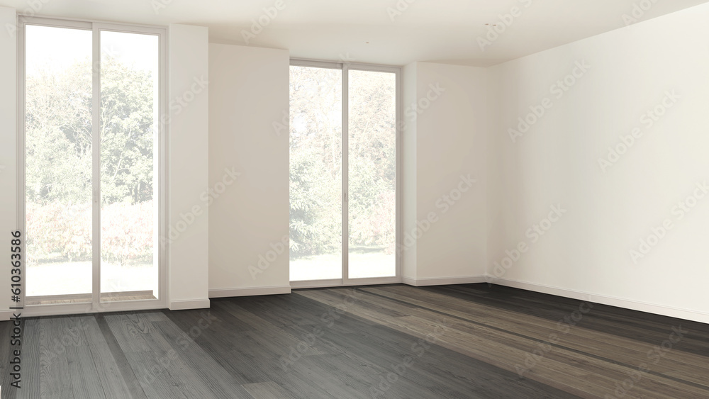 Fototapeta premium Dark wooden empty room interior design, open space with parquet floor, panoramic windows, white walls, modern contemporary architecture concept idea
