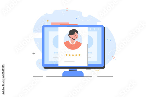 Search employee for company based on rating on computer screen. Searching through web page vector illustration, flat cartoon. Job interview online resume employees rating hr