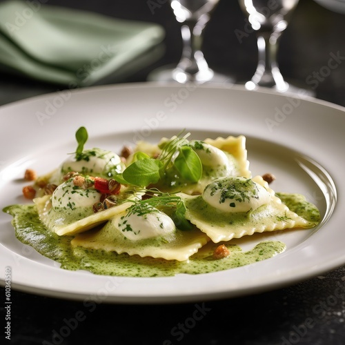 Delicious ravioli served with basil pesto and sprinkled with cheese.