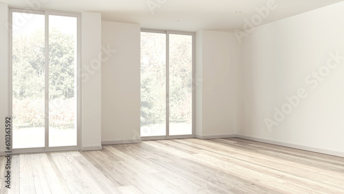 Bleached wooden empty room interior design  open space with parquet floor  panoramic windows  white walls  modern contemporary architecture concept idea