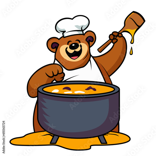 Bear chef wearing a chefs hat and apron enthusiastically stirring a large pot of honey based dish cartoon vector image