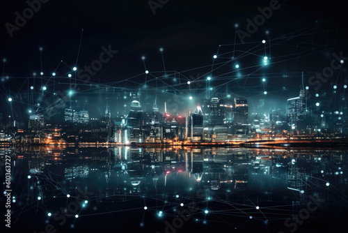 Modern night city landscape with illuminated futuristic buildings with light reflection on water surface and abstract communication network, big data dot point connection created with Generative AI