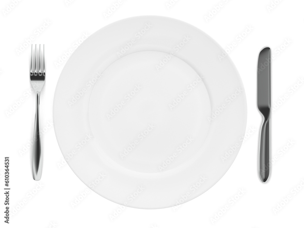 Knife, fork and plate isolated on white background. Empty dinner plate. Tableware. 3d illustration. Knife, fork and plate isolated on white background. Empty dinner plate. Tableware. 3d illustration.
