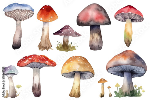 Watercolor set of minimal various Mushroom isolated on clear png background, elements natural mushroom, leaves, fungi or fungus edible, set of tree plant collection, with Generative Ai.